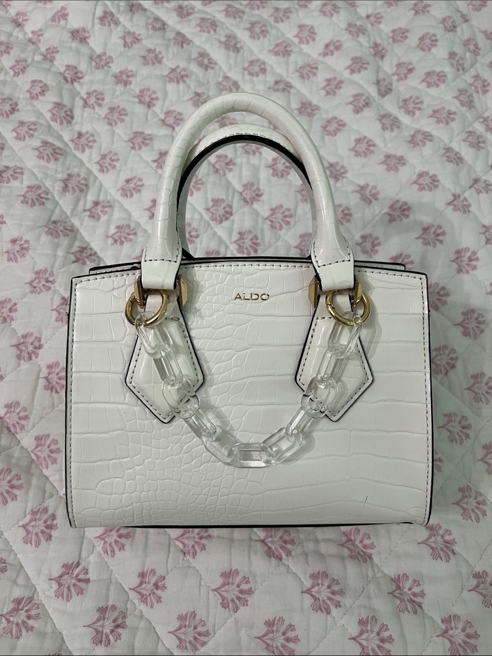 Aldo White Croc-Embossed Top-Handle Purse with Clear Chain